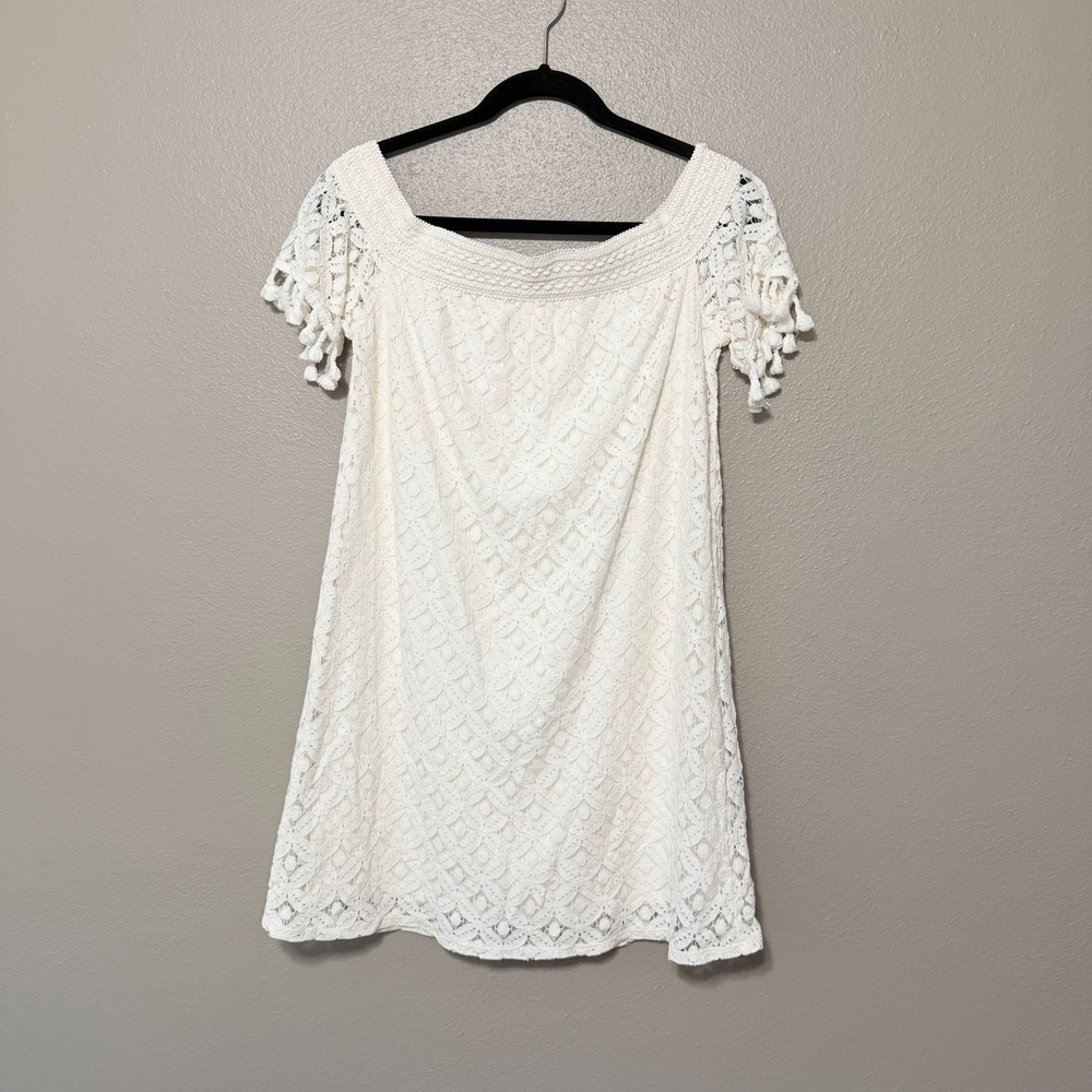 Charming Charlie Ivory Lace Off the Shoulder Tassel Lined Mini Dress Size S